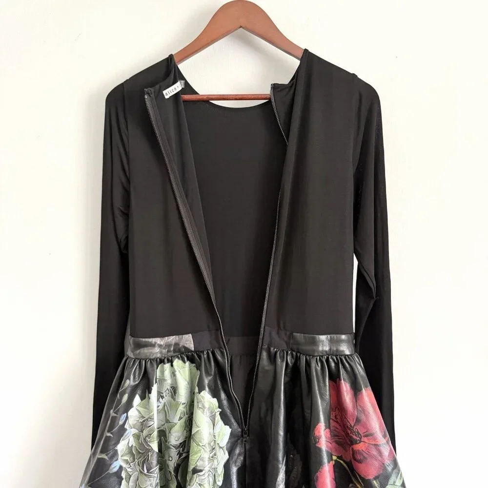 Alice + Olivia Black Chara Floral Bubble Mini Dress Long Sleeve Women’s Size 6 - Picture 8 of 8